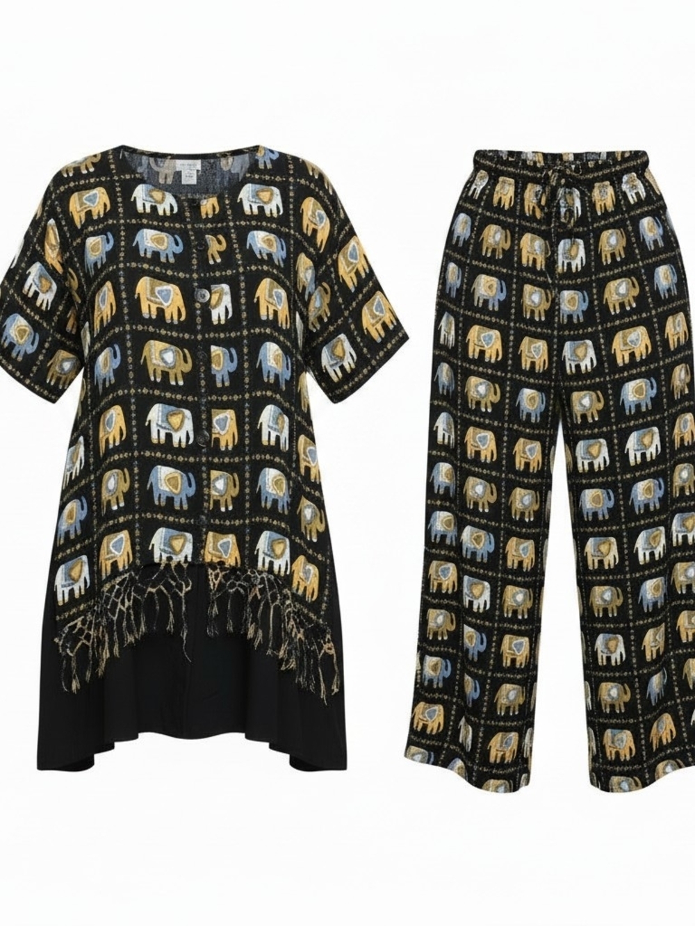 JEWEL QUEEN | Vintage Elephant Print Two-Piece Button Down Tunic‎ Pants Set | XL